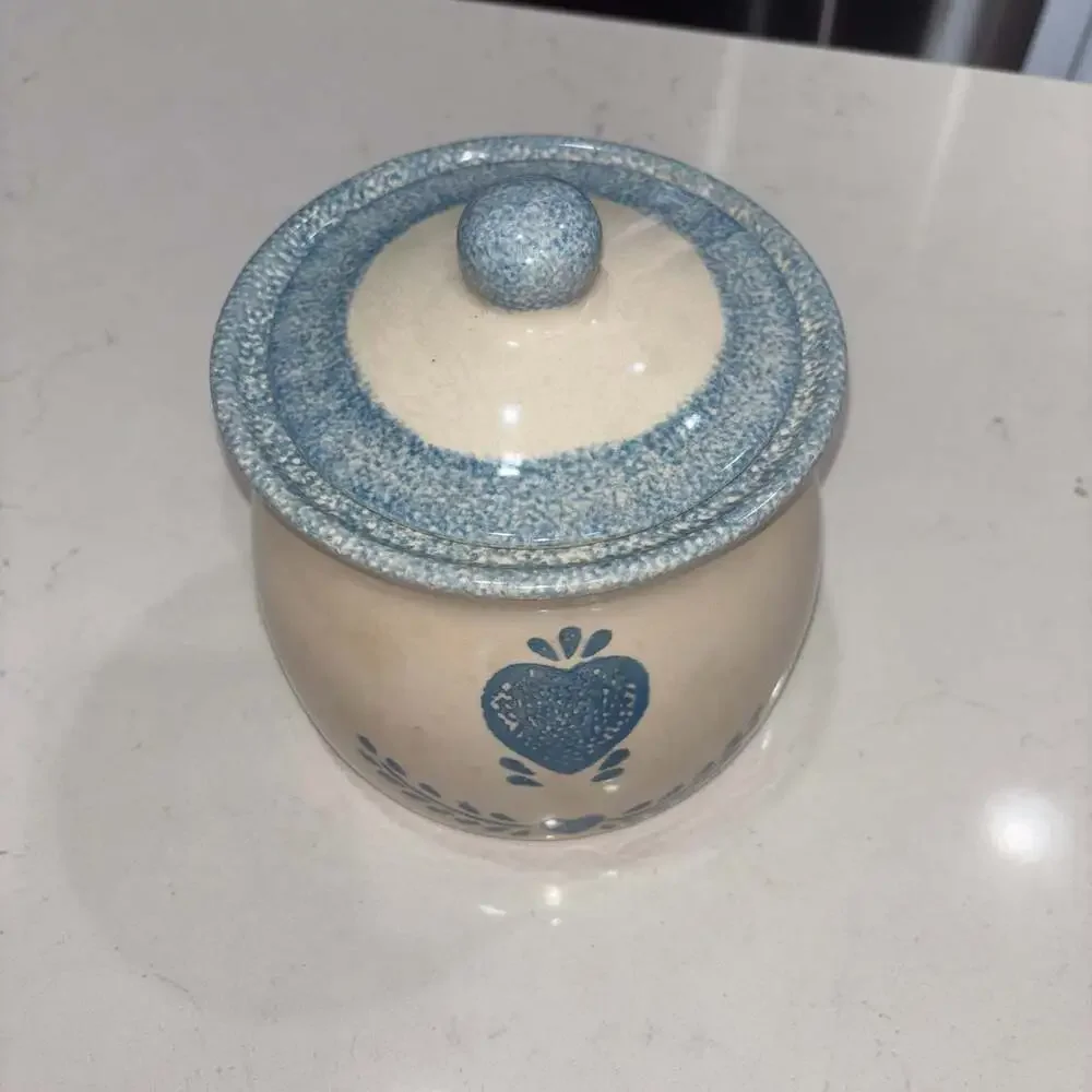 Vintage Stoneware Blue Heart Cookie Jar
